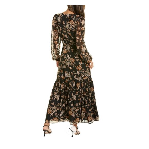 Walter Baker Sophia almost maxi dress black floral and tan lined tie front 4 - Picture 2 of 14